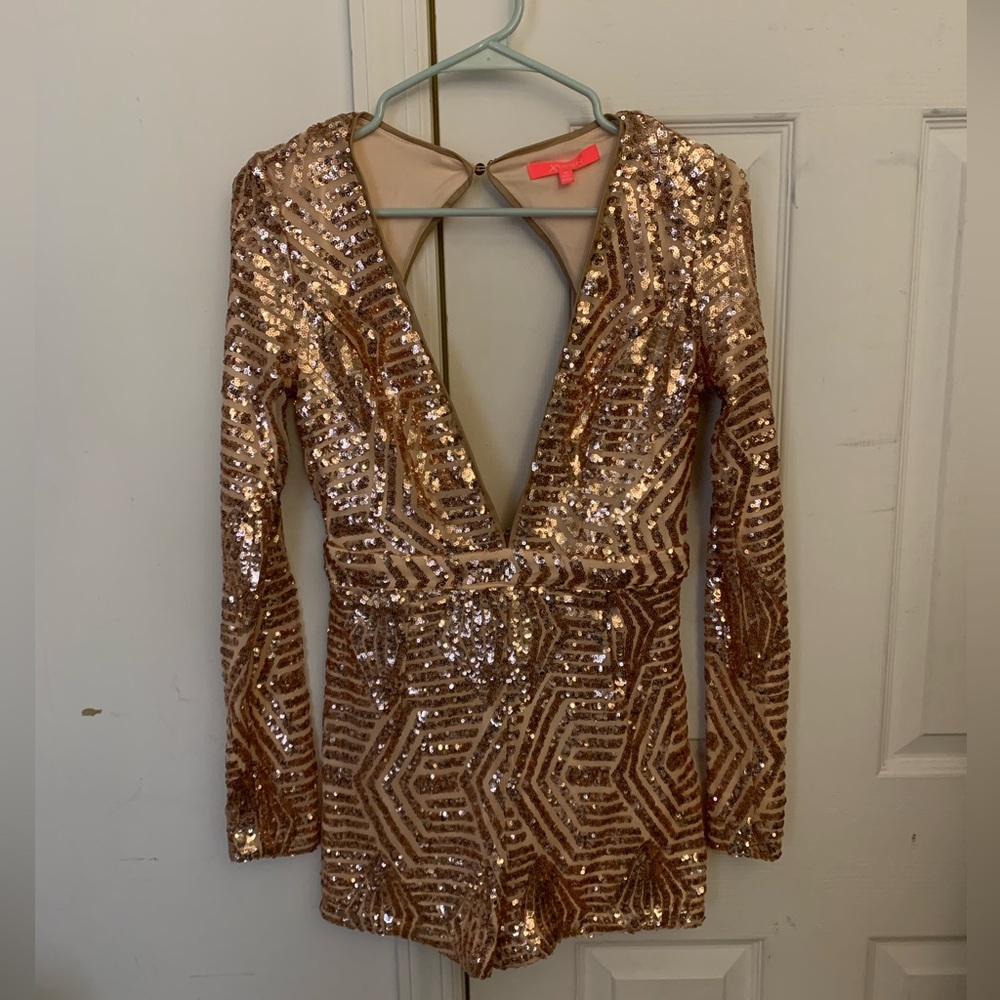 XTAREN. Rose Gold Sequin Romper.